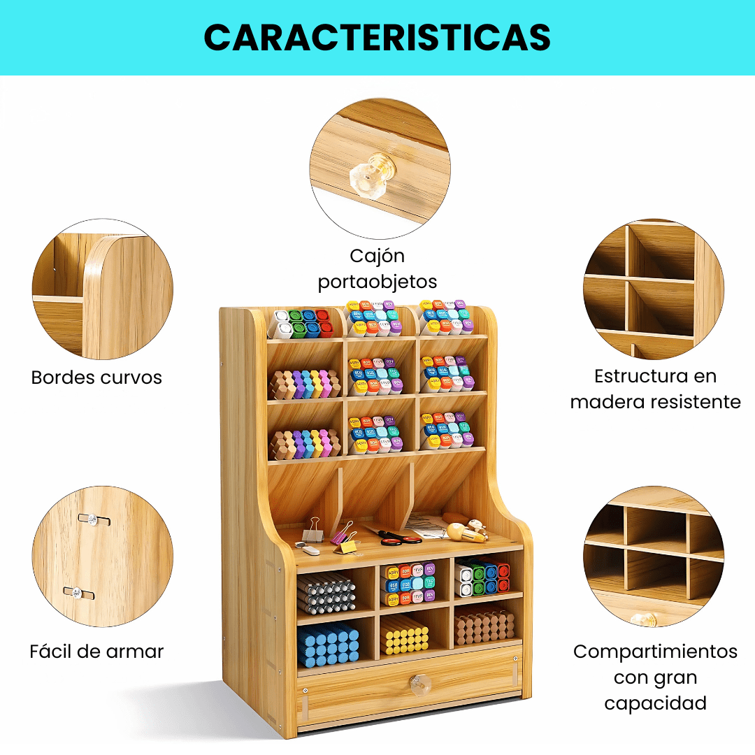 Organizador Escritorio Madera Multi Compartimiento - Malvo