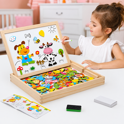Caja Pizarra Doble con Puzzle en Madera con Marcador y Tiza