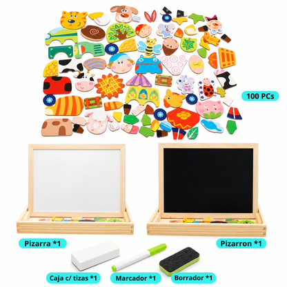 Caja Pizarra Doble con Puzzle en Madera con Marcador y Tiza