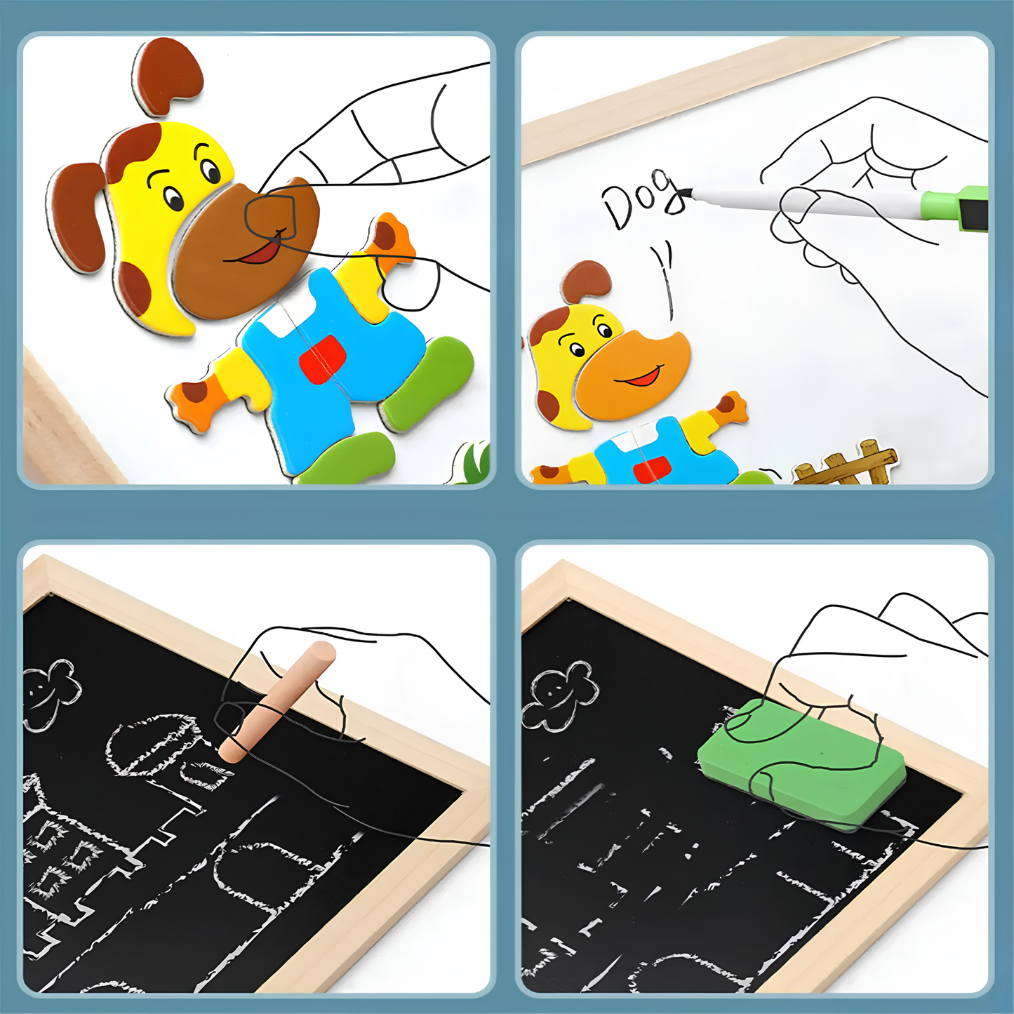 Caja Pizarra Doble con Puzzle en Madera con Marcador y Tiza