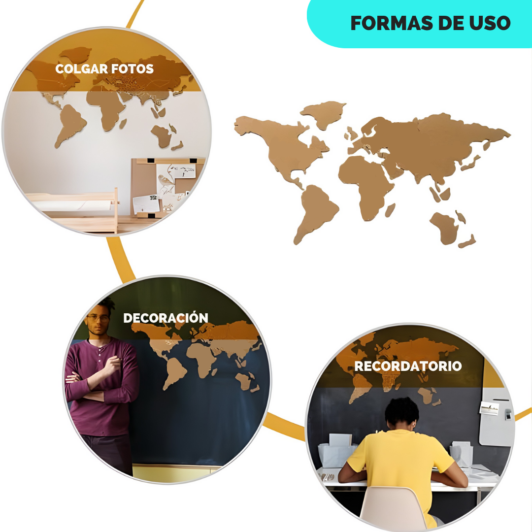 Mapamundi Viajero De Corcho Decoración Destinos Con Pins