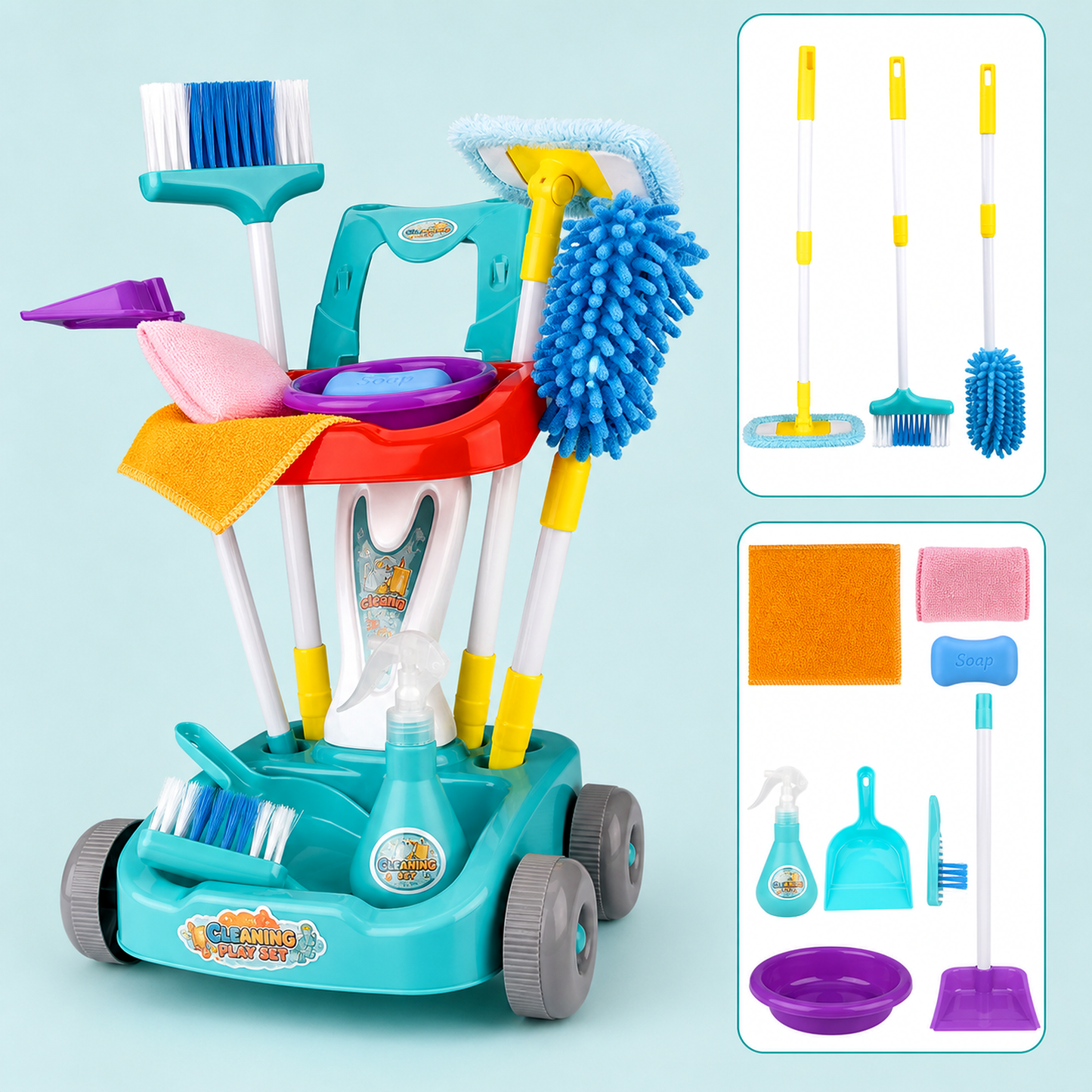 Carrito Limpieza Infantil Didáctico con Escoba y Trapeador