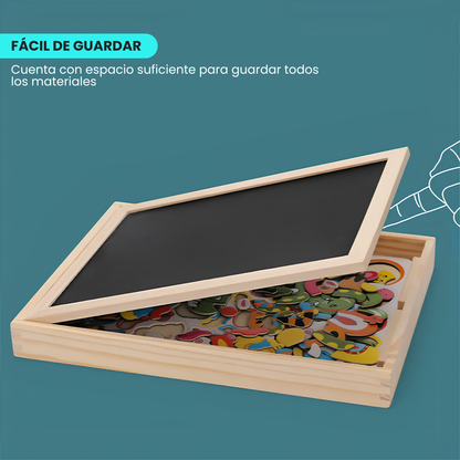 Caja Pizarra Doble con Puzzle en Madera con Marcador y Tiza
