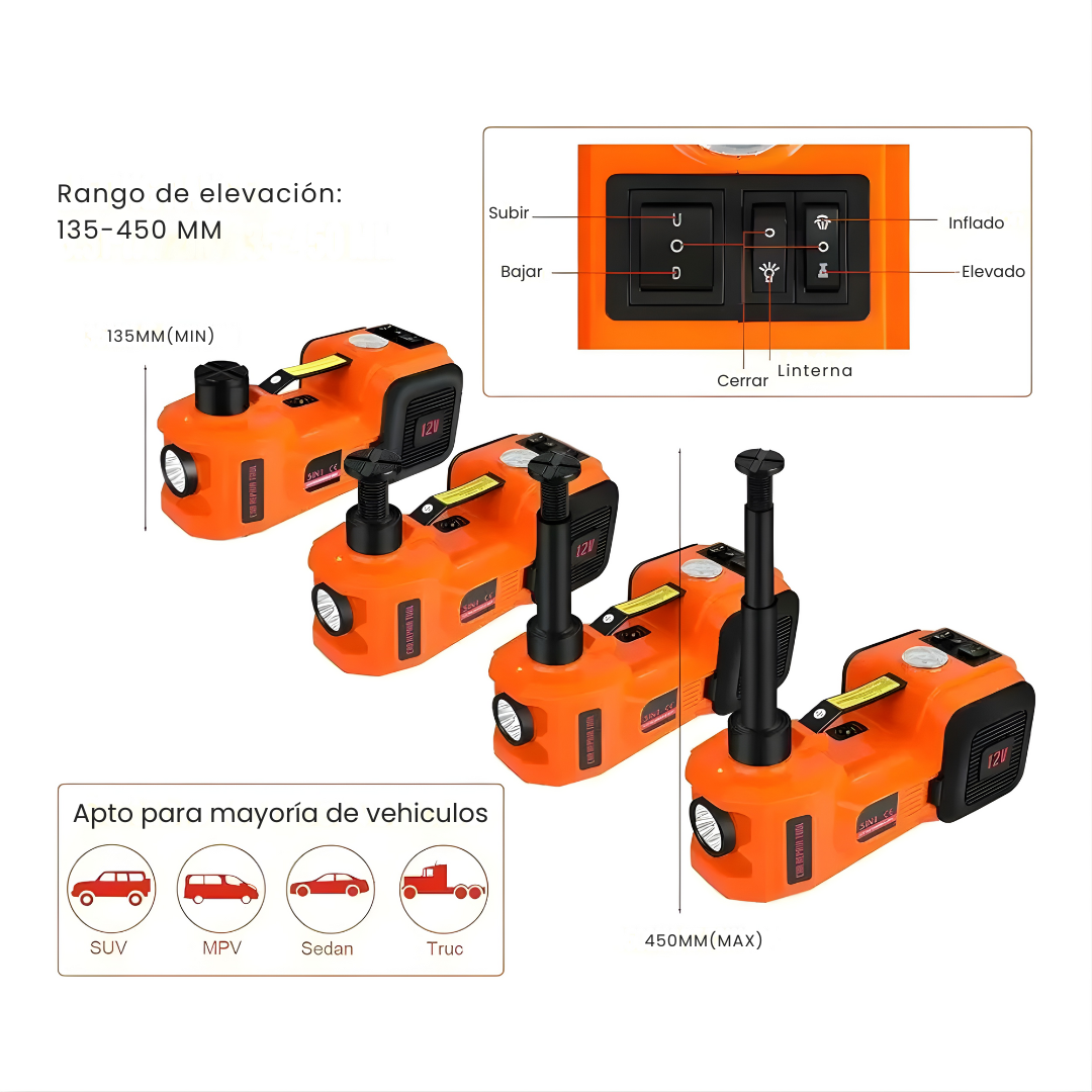 Gato Eléctrico 12v 5ton Con inflador Y Llave Para Auto Y Camioneta