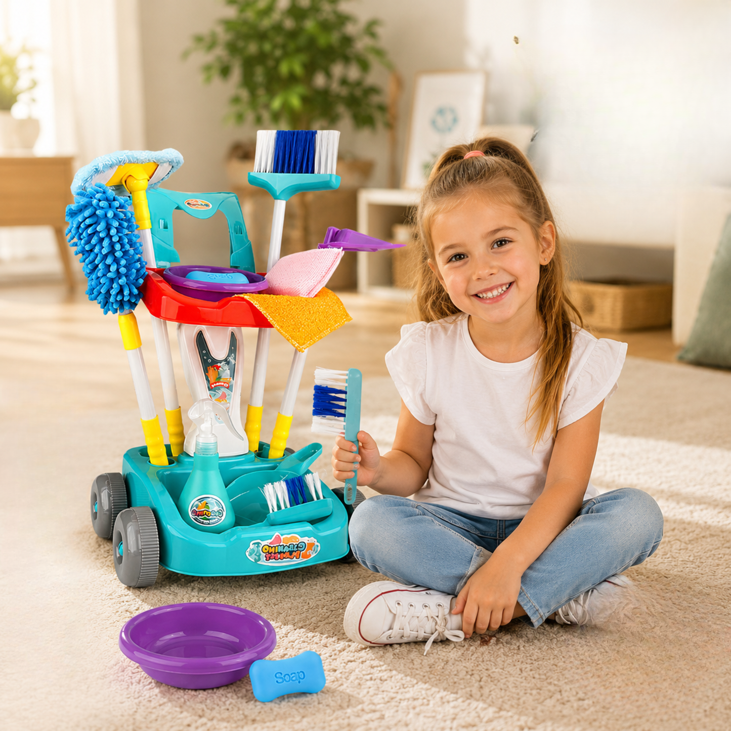 Carrito Limpieza Infantil Didáctico con Escoba y Trapeador