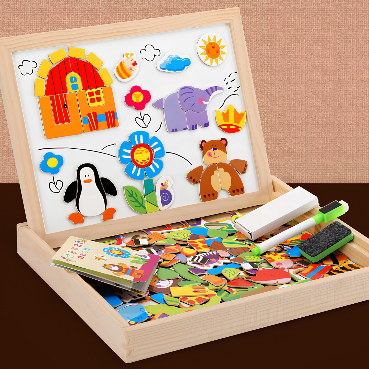 Caja Pizarra Doble con Puzzle en Madera con Marcador y Tiza