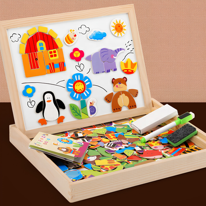 Caja Pizarra Doble con Puzzle en Madera con Marcador y Tiza
