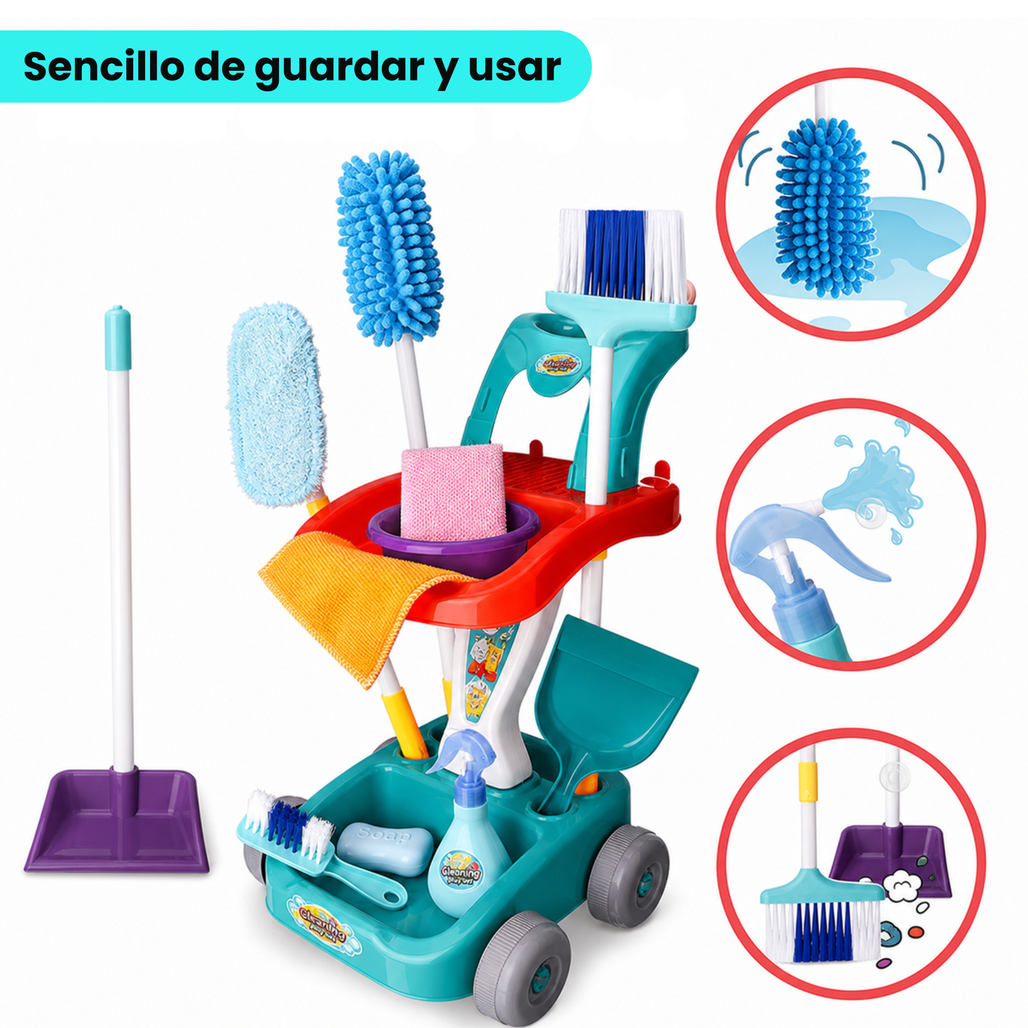 Carrito Limpieza Infantil Didáctico con Escoba y Trapeador