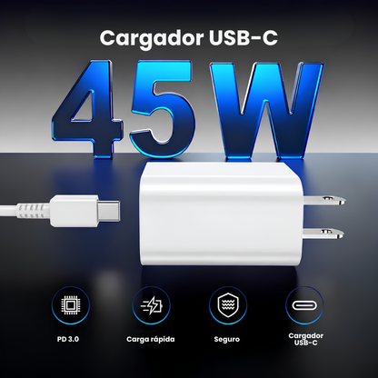 Cargador Carga Rápida 45W Tipo C + Cable 1.5 Iphone 15 16 17 18 Samsung  S22 S23 S24 S25