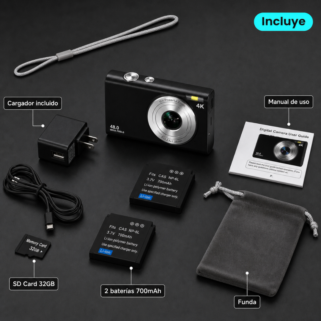 Cámara Digital 48MP 4K Con Tarjeta 32gb + 2 Baterías