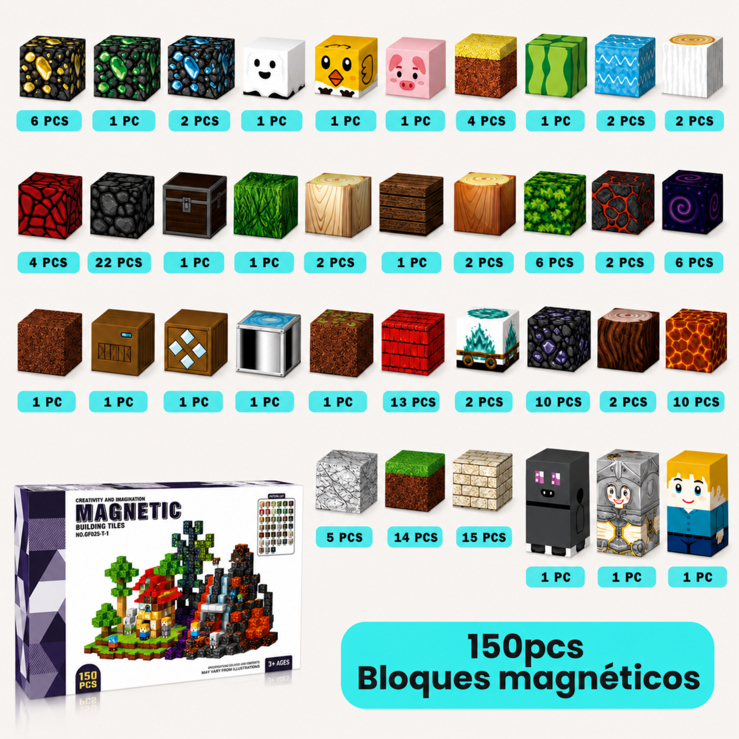 Juego de Bloques Magnéticos Estilo Minecraft 150 Piezas