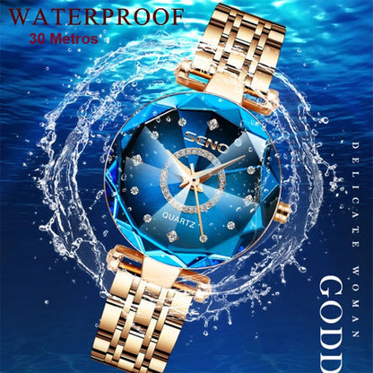 Reloj Pulsera De Dama Lujo Cuarzo Azul Acero Seno Elegance