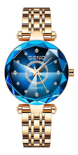 Reloj Pulsera De Dama Lujo Cuarzo Azul Acero Seno Elegance